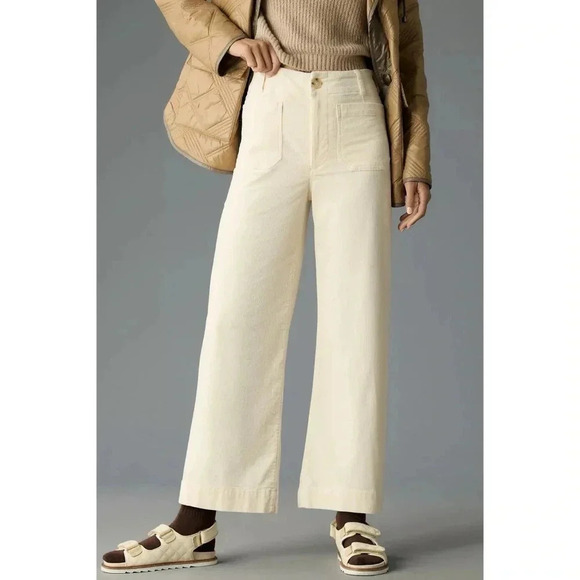 NWT Anthropologie Maeve The Colette Cropped Cord Wide Leg Trousers Ivory Cream - Picture 1 of 16